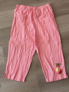 Jane Ashley Coral Pink Gingham Cropped Pants with Embroidered Fruit Detail